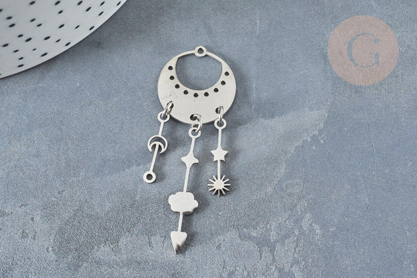 Pendentif pluie lunes et étoiles acier inoxydable 201 argenté 55mm, x1 (G7389)