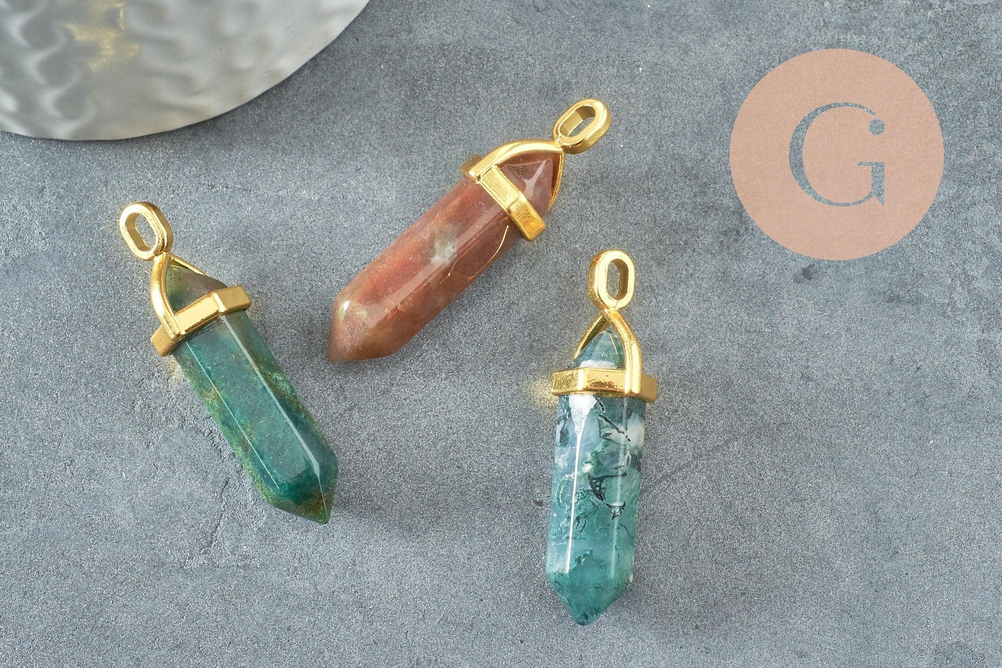 Pendentif pointe agate indienne naturelle zamac doré 37-40mm,pendentif bijoux pierre naturelle, x1 G3250