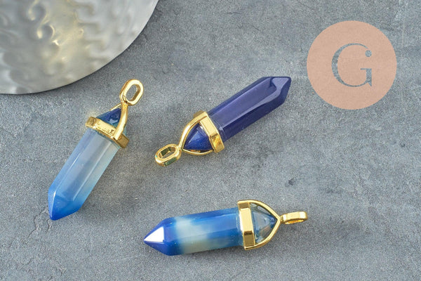 Pendentif pointe agate naturelle teintée bleue zamac doré 40mm, création bijoux pierre naturelle, x1 G3399