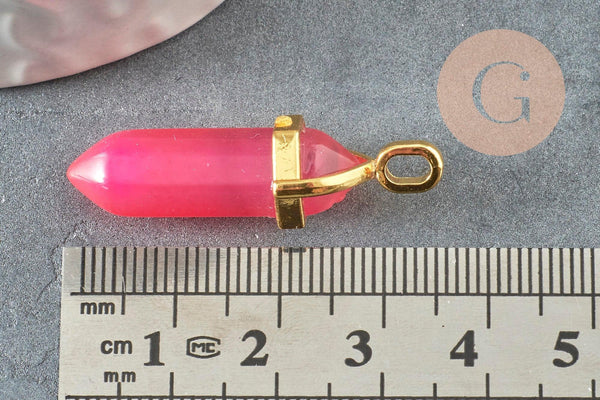 Pendentif pointe agate naturelle teintée rose zamac doré 40mm, création bijoux pierre naturelle, x1 G1413