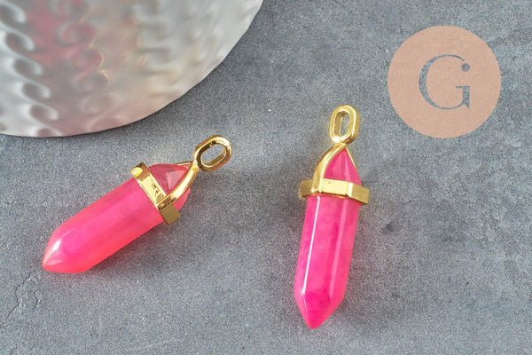 Pendentif pointe agate naturelle teintée rose zamac doré 40mm, création bijoux pierre naturelle, x1 G1413
