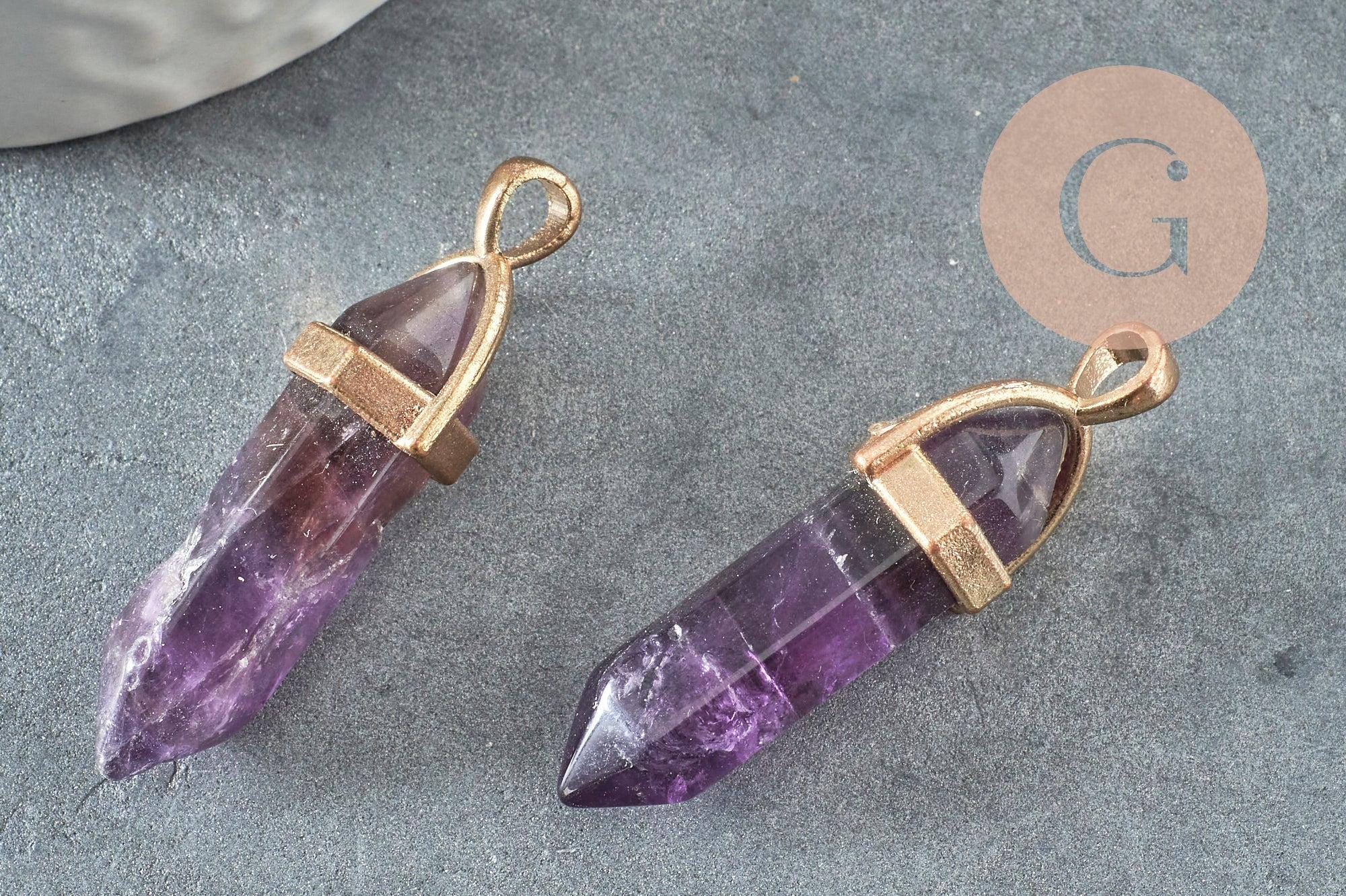 Pendentif pointe charoite violette naturelle zamac doré 39mm, x1 (G1389)