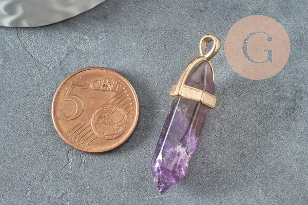 Pendentif pointe charoite violette naturelle zamac doré 39mm, x1 (G1389)
