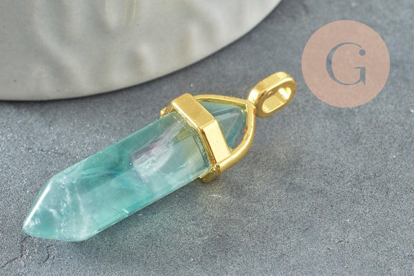 Pendentif pointe fluorite verte naturelle laiton doré 37-41mm,pendentif pierre naturelle, x1 G1445