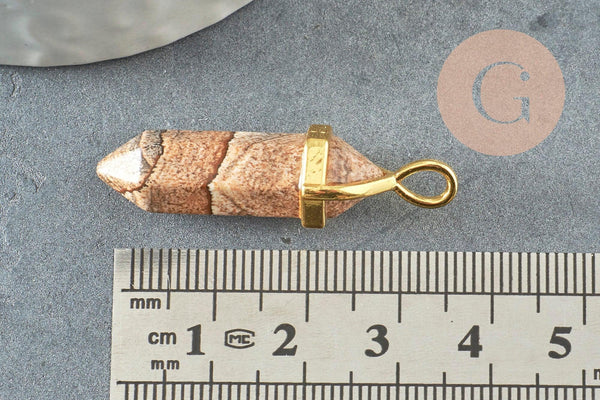 Pendentif pointe jaspe paysage naturel laiton doré 38-41mm, création bijoux pierre naturelle, x1 G2964