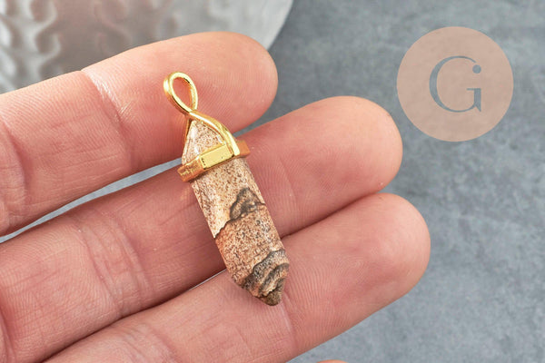 Pendentif pointe jaspe paysage naturel laiton doré 38-41mm, création bijoux pierre naturelle, x1 G2964