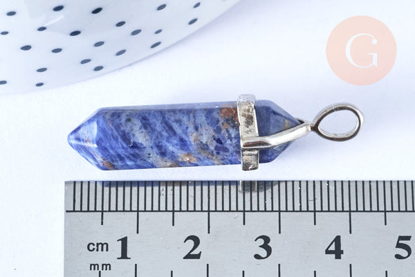 Pendentif pointe lapis-lazuli naturel laiton argenté 39-41mm, x1 (G7091)