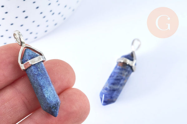 Pendentif pointe lapis-lazuli naturel laiton argenté 39-41mm, x1 (G7091)