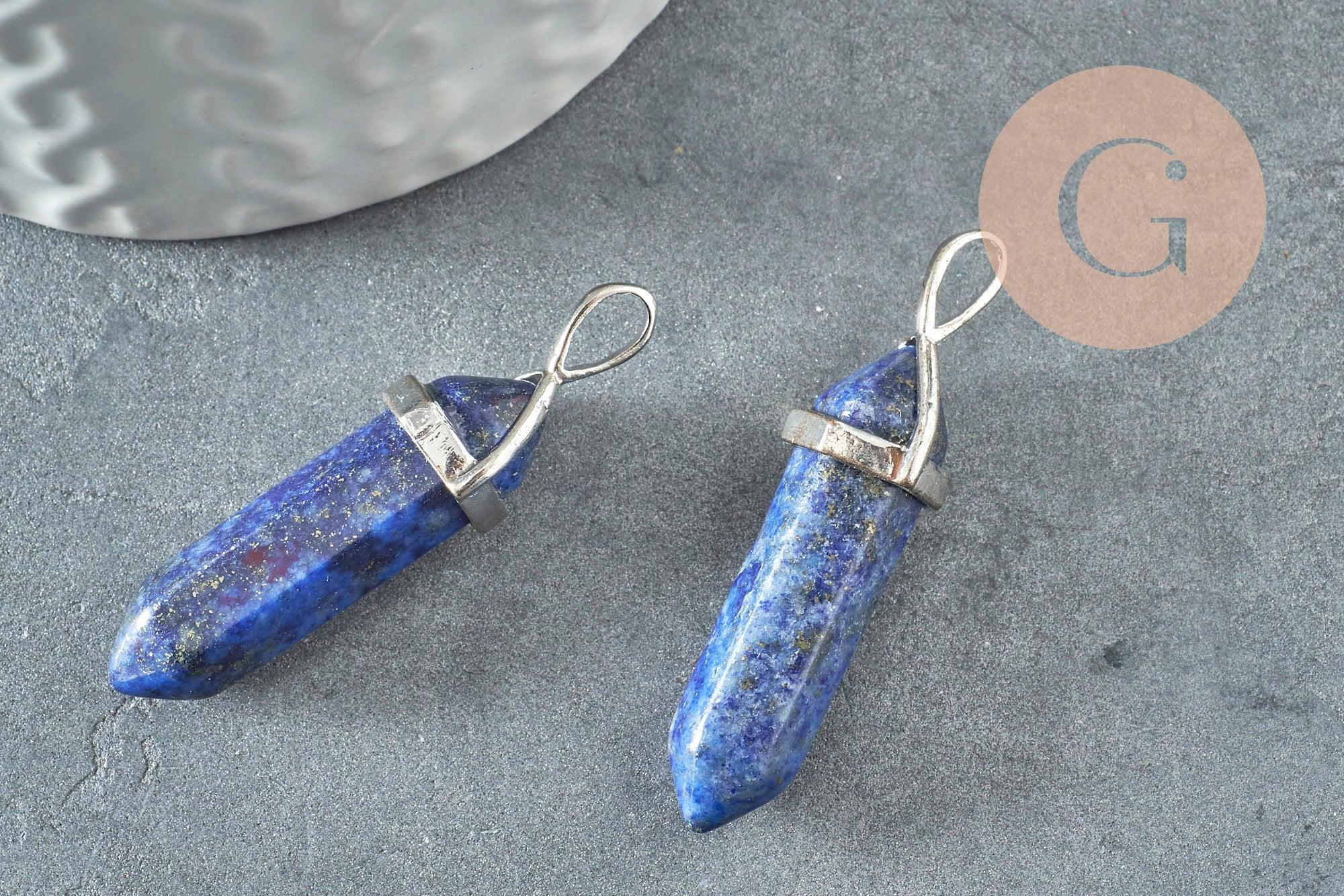 Pendentif pointe lapis lazulis naturel zamac argenté 40mm, x1 (G4078)
