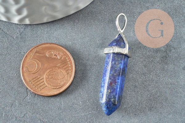 Pendentif pointe lapis lazulis naturel zamac argenté 40mm, x1 (G4078)