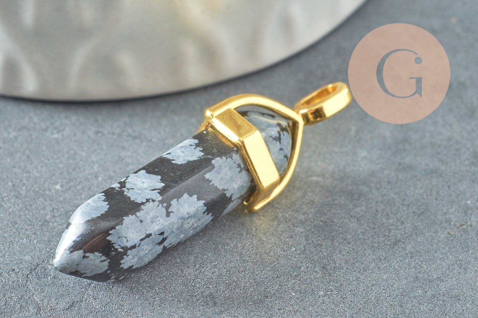 Pendentif pointe obsidienne neige naturelle laiton doré 37-41mm,création bijoux pierre naturelle, x1 G6268