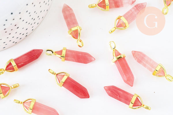 Pendentif pointe pierre quartz cerise, création bijoux, pendentif pierre,pendentif zamac doré, pierre synthétique,40mm, x1 G5166