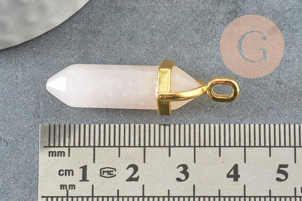 Pendentif pointe quartz rose naturel zamac doré 39-41mm, création bijoux pierre naturelle, x1 G1649