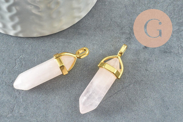 Pendentif pointe quartz rose naturel zamac doré 39-41mm, création bijoux pierre naturelle, x1 G1649
