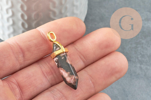 Pendentif pointe rhodonite naturelle zamac doré 38mm, création bijou pierre naturelle x1 G2802
