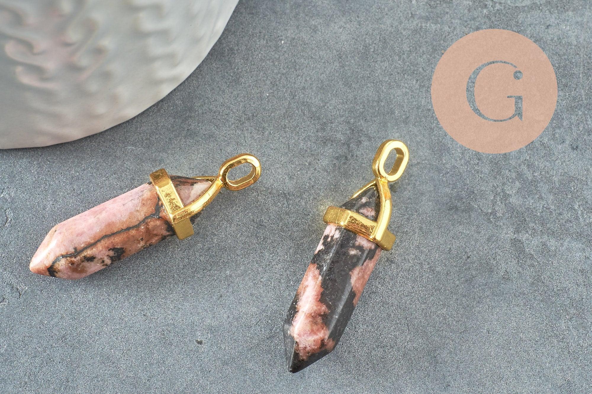 Pendentif pointe rhodonite naturelle zamac doré 38mm, création bijou pierre naturelle x1 G2802