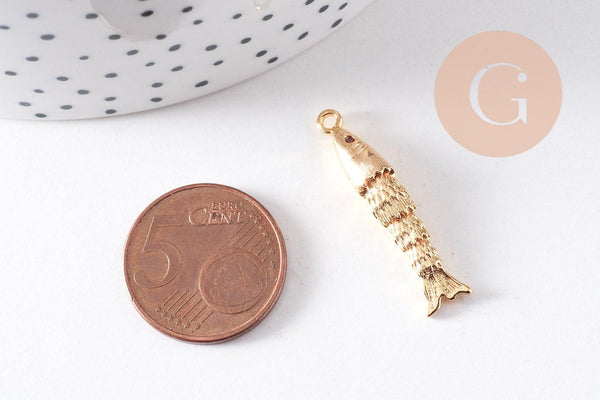 Pendentif poisson articulé laiton doré zircon 29.5mm, x1 (G10303)