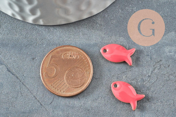 Pendentif poisson laiton brut émail rose 13.5mm, x2 (G10130)