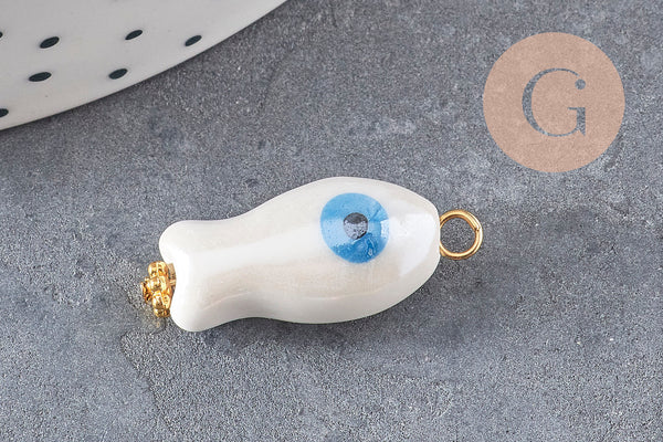 Pendentif poisson porcelaine multicolore Acier 304 inoxydable doré 25mm, x1 (G9816)