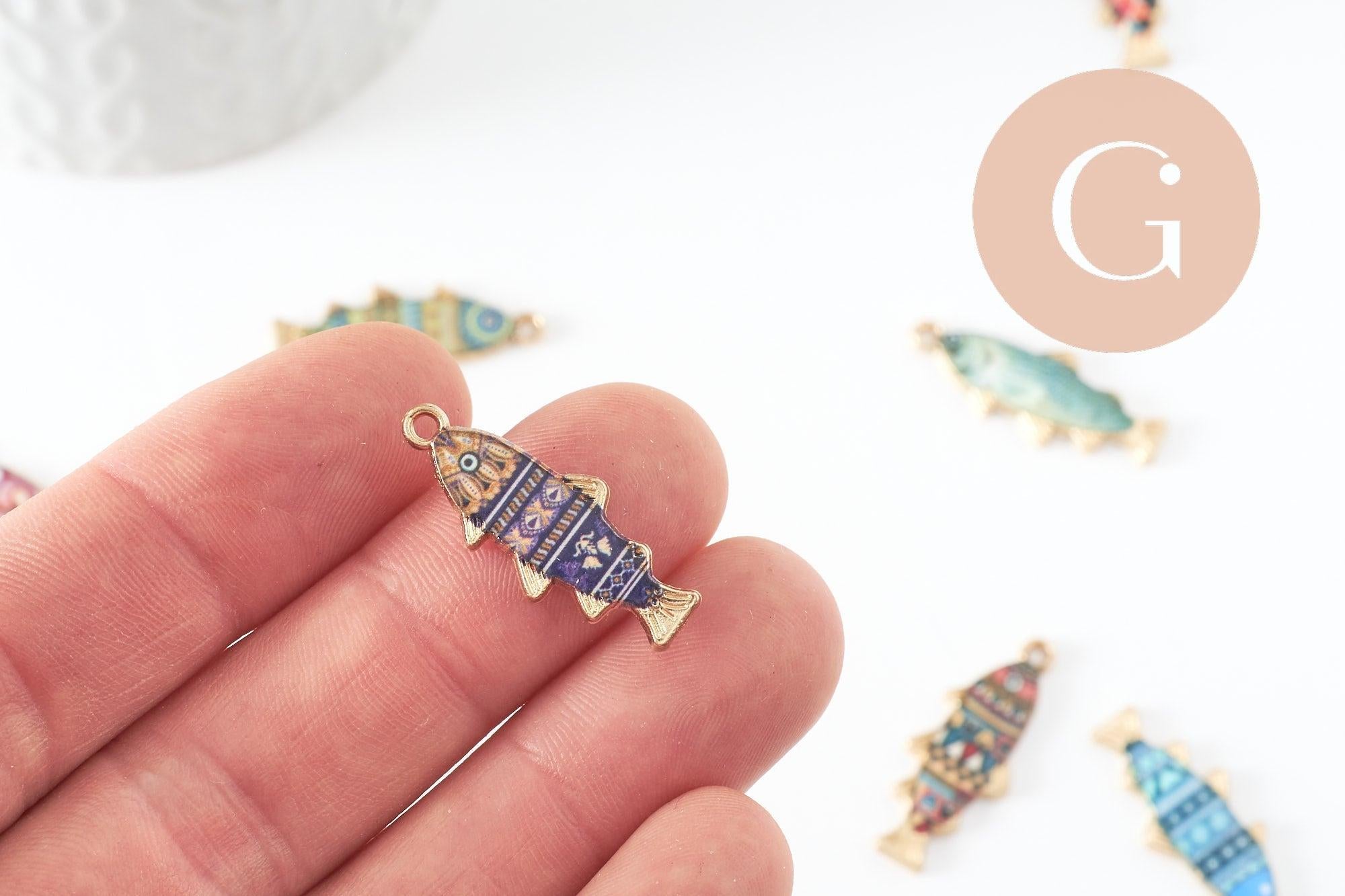 Pendentif poisson zamac doré multicolore 27mm, x5 (G9936)