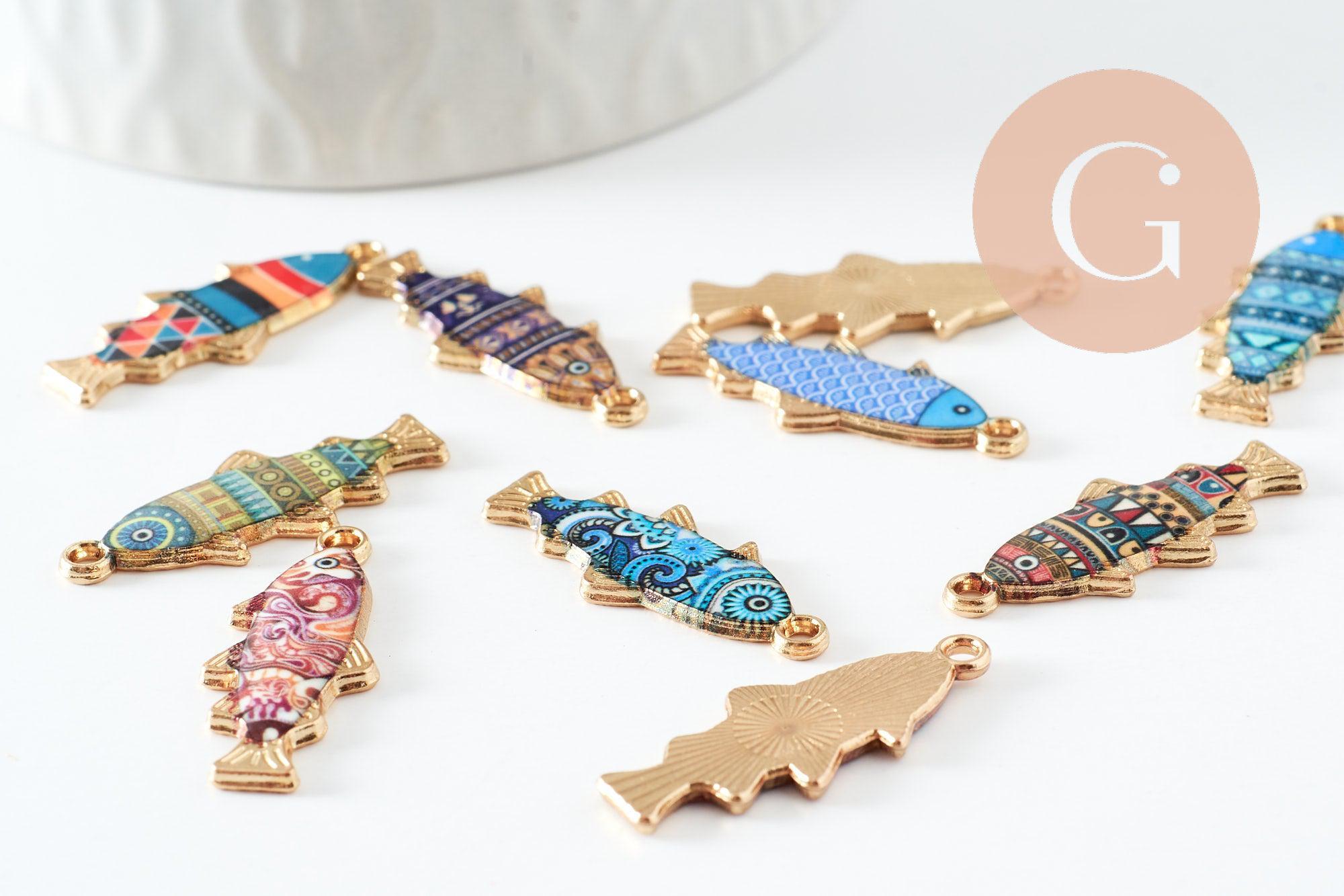 Pendentif poisson zamac doré multicolore 27mm, x5 (G9936)