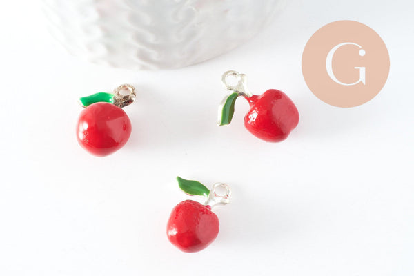 Pendentif pomme émaillé rouge zamac argenté 18.5mm, x1 (G4299)
