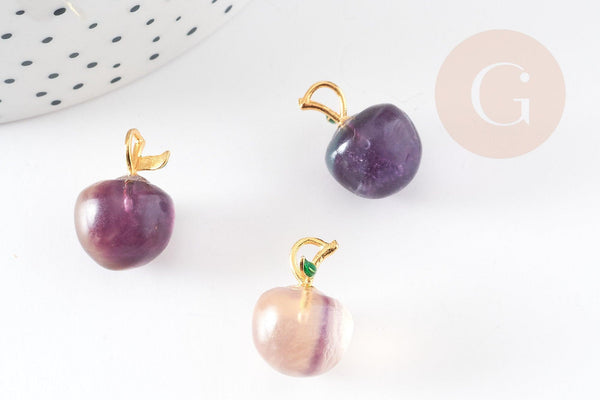 Pendentif pomme fluorite violette naturelle dorée 17.5mm, x1 (G3610)