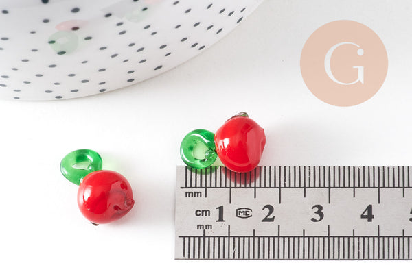 Pendentif pomme fruit rouge verre tchèque 25mm, x5 (G1986)