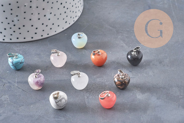 Apple pendant, natural stone, stainless steel, platinum finish, 14-15mm, x1 (G7109)