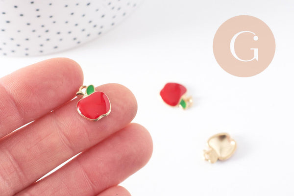 Pendentif pomme rouge zamac doré 15mm, x5 (G5473)