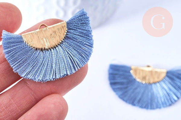 Pendentif pompon éventail fil bleu or,pendentif en laiton doré et fil,47mm, x2 (G5494)