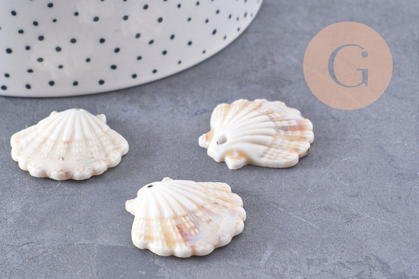Pendentif porcelaine beige coquillage 30MM, perle céramique géométrique fabrication bijoux céramique blanche, x1 (G3310)