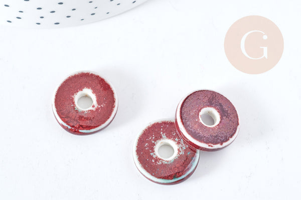 Pendentif porcelaine donut vert marron 21-22mm, perle céramique, céramique blanche, x1 G8482