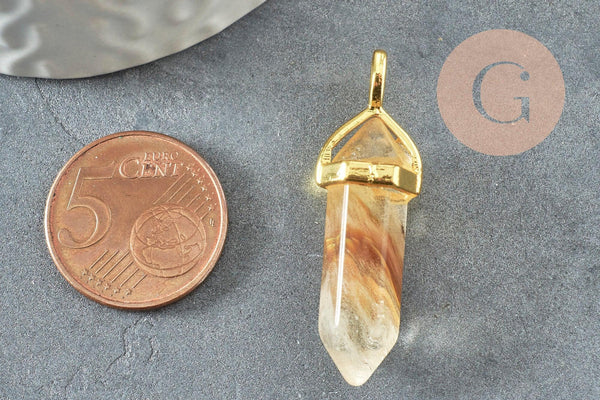 Pendentif quartz peau de tigre pointe zamac doré 37-40mm, création bijoux pierre naturelle, x1 G4446