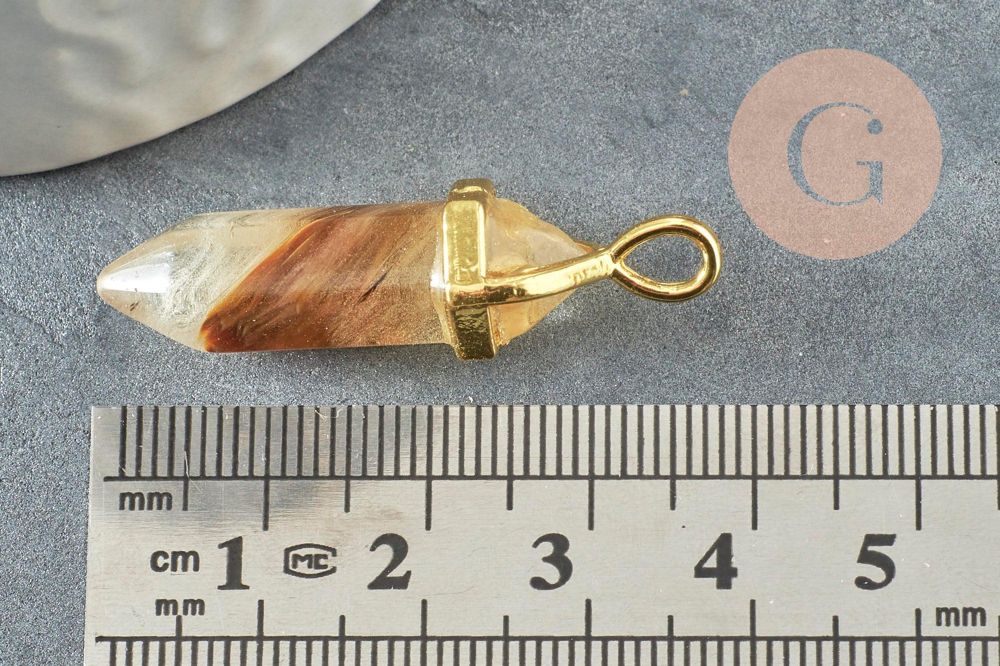 Pendentif quartz peau de tigre pointe zamac doré 37-40mm, création bijoux pierre naturelle, x1 G4446