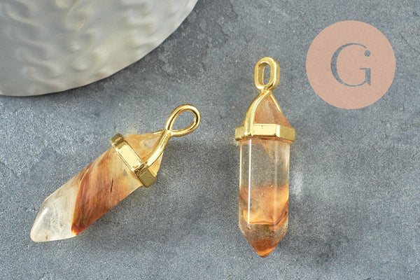 Pendentif quartz peau de tigre pointe zamac doré 37-40mm, création bijoux pierre naturelle, x1 G4446