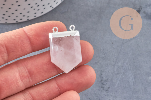 Pendentif quartz rose hexagone argenté,pendentif bijoux pierre,quartz rose naturel,28mm x1 (G5197)