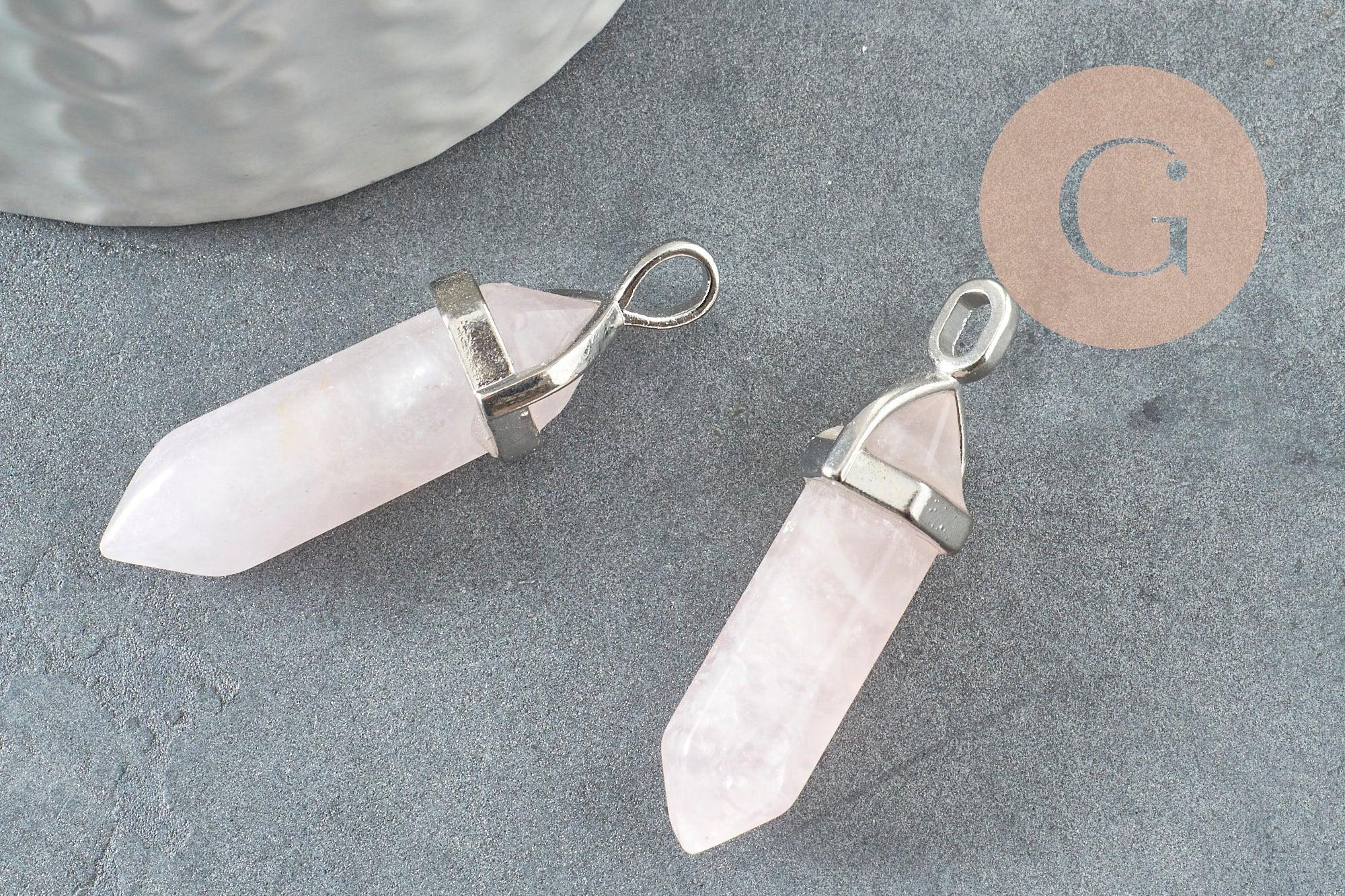 Pendentif quartz rose pointe, pierre brute, création bijoux,pendentif pierre,pendentif argenté, pierre naturelle,39mm, x1 G0556