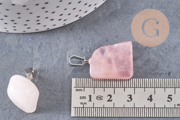 Pendentif quartz rose roulé acier platine, pendentif pierre acier inoxydable, bijou pendentif pierre naturelle,15-35mm, x1, G3942