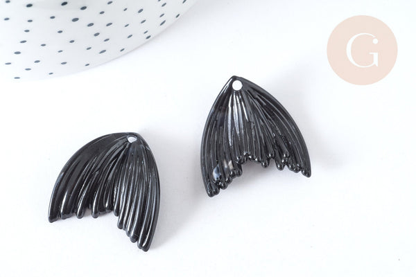 Pendentif queue de poisson acrylique noir 27mm, création bijoux plastique, x2 (G7279)