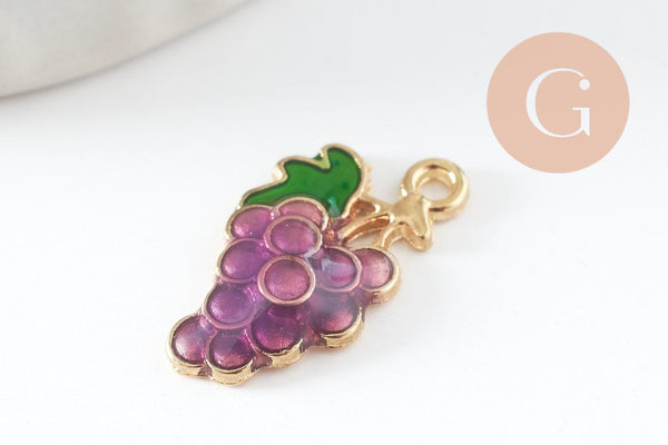 Pendentif raisin émaillé doré,pendentif fruit création bijoux, pendentif doré, 17mm, x5 (G3512)