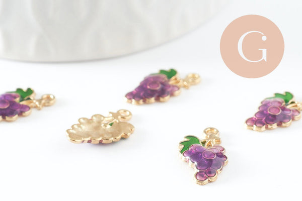 Pendentif raisin émaillé doré,pendentif fruit création bijoux, pendentif doré, 17mm, x5 (G3512)
