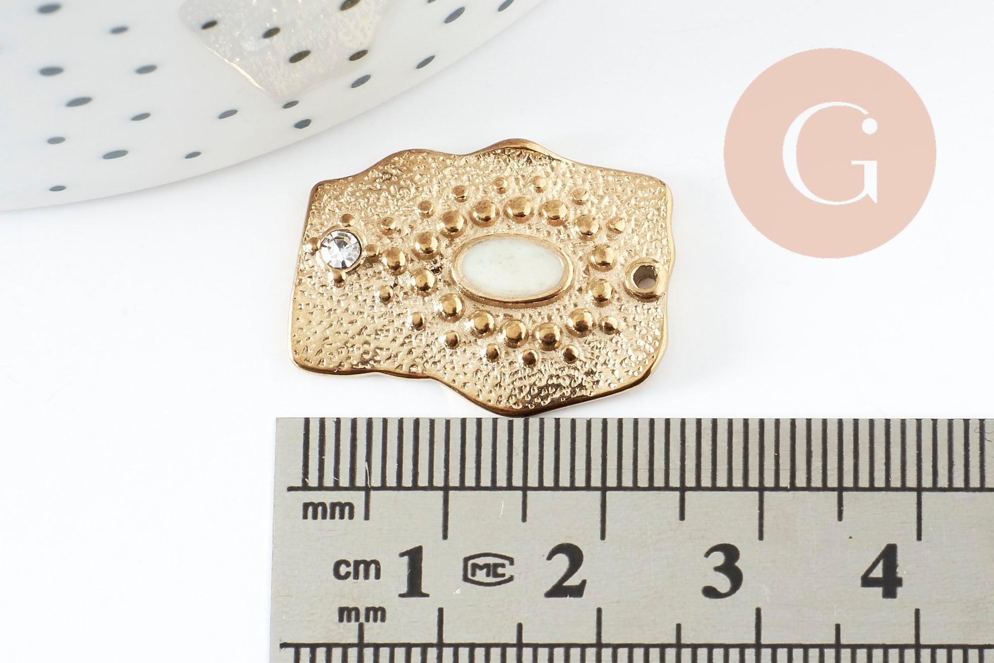 Pendentif rectangle 304 inoxydable doré PVD résine blanche zircon 25mm, x1 (G9410)