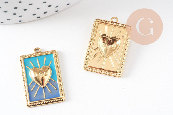 Pendentif rectangle coeur émaillé bleu acier 304 inoxydable doré IP 28mm, x1 (G10801)