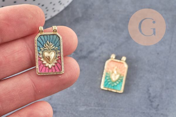 Pendentif rectangle émaillé coeur sacré laiton 18K 26.5mm, x1 (G10944)