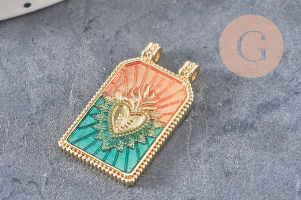 Pendentif rectangle émaillé coeur sacré laiton 18K 26.5mm, x1 (G10944)