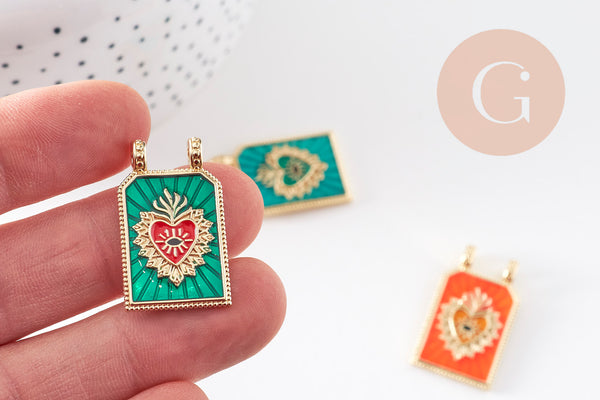 Pendentif rectangle émaillé coeur sacré laiton doré 29mm, x1 (G10942)