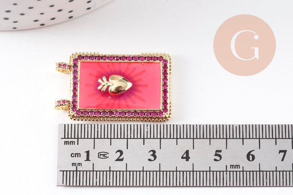 Pendentif rectangle émaillé coeur sacré rose zircons laiton doré 36mm, x1 (G10941)