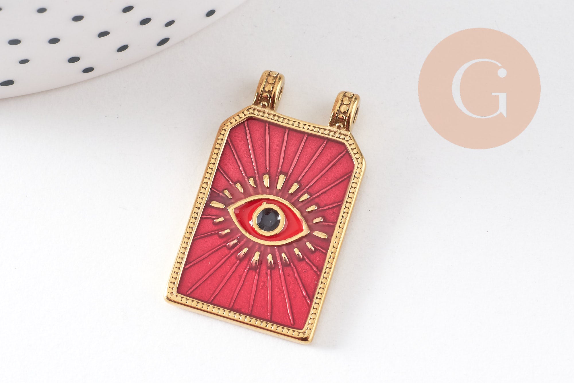 Pendentif rectangle émaillé oeil protecteur coeur sacré acier 304 inoxydable doré PVD 32mm, x1 (G10531)