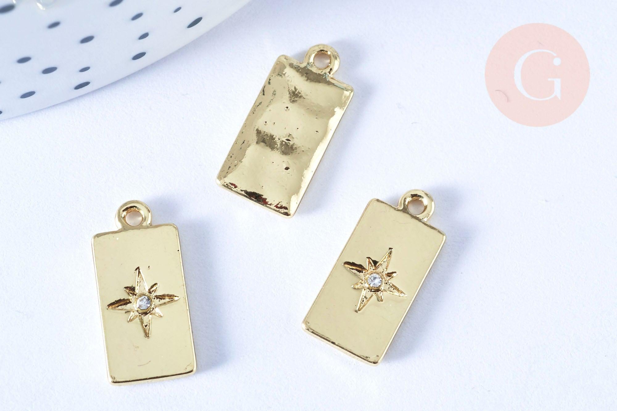 Pendentif rectangle étoile cristal blanc laiton doré 18,5mm création bijoux astro, x1 G7115